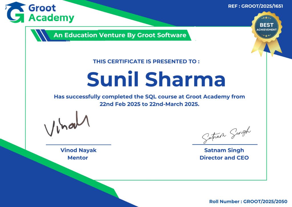 Sunil Sharma Data Analytics Student Certficate for SQL 2025